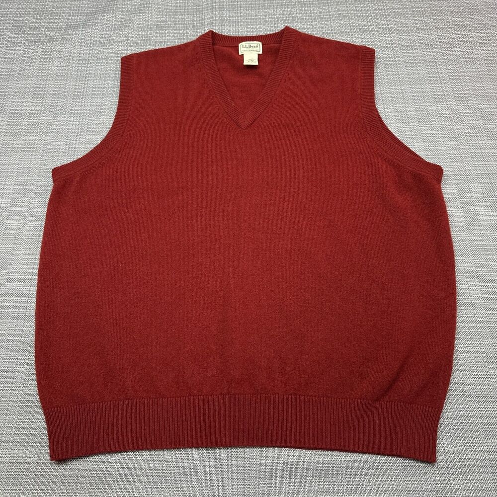 Vintage L.L. Bean Sweater Vest Men's XL Red Lambswool V-Neck Pullover Hong Kong